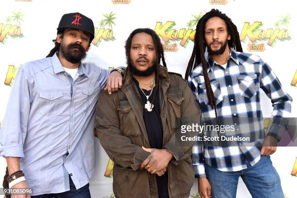 Musicians Damian Marley, Stephen Marley and Julian Marley attend the press conference for the upcoming KAYA FEST at Sunset Marquis Hotel & Villas on...