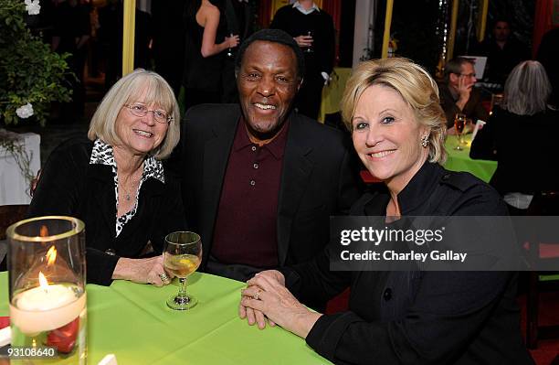 Betsey Johnson and husband SOSC Board of Governors athlete Rafer Johnson and broadcaster Donna de Varona attend a party celebrating the release of...