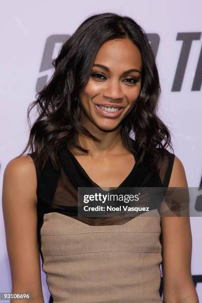 Zoe Saldana attends the "Star Trek" DVD and Blu-Ray release party at the Griffith Observatory on November 16, 2009 in Los Angeles, California.