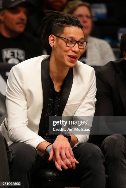 Jeremy Lin of the Brooklyn Nets looks on from the bench during a game against the Los Angeles Lakers at Barclays Center on February 2, 2018 in the...