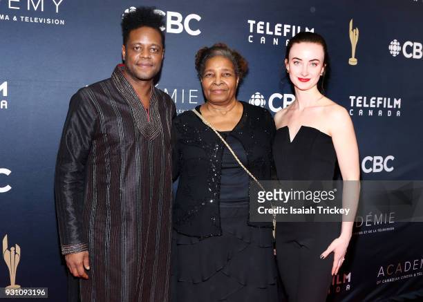 Charles Officer, Ionie Officer and Alice Snaden arrives at the 2018 Canadian Screen Awards at the Sony Centre for the Performing Arts on March 11,...