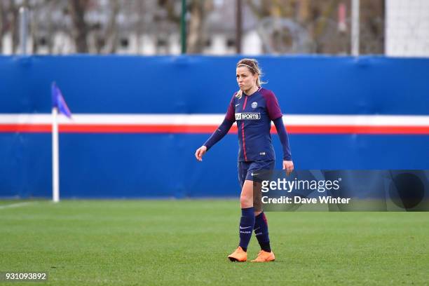 Disappointment for Laure Boulleau of PSG as she has to go off injured during the Women's Division 1 match between Paris Saint Germain and Paris FC on...