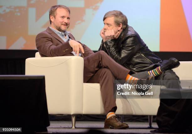 Director Rian Johnson and Mark Hamill speak onstage at the Journey to Star Wars panel during SXSW at Austin Convention Center on March 12, 2018 in...