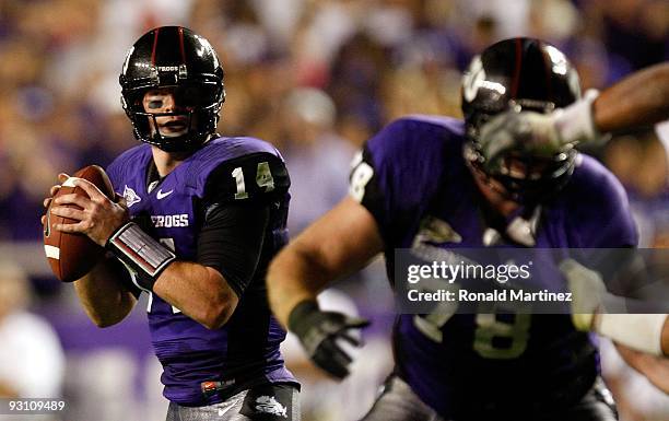 Quarterback Andy Dalton of the TCU Horned Frogs at Amon G. Carter Stadium on November 14, 2009 in Fort Worth, Texas.