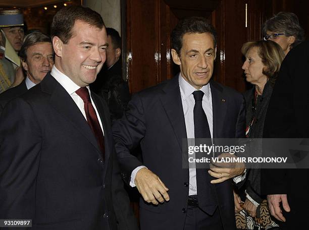 Russian President Dmitry Medvedev meets with French President Nicolas Sarkozy in Berlin on November 9, 2009 during events commemorating the 20th...