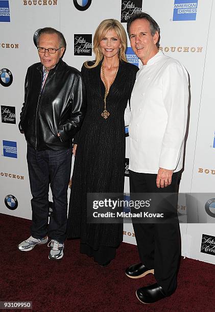 Larry King, Shawn King, and Chef Thomas Keller attend the restaurant grand opening party for Bouchon on November 16, 2009 in Beverly Hills,...