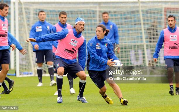 Nicola Legrottaglie and Mauro German Camoranesi of Italy during an Italy team training session at the Dino Manuzzi Stadium on November 17, 2009 in...