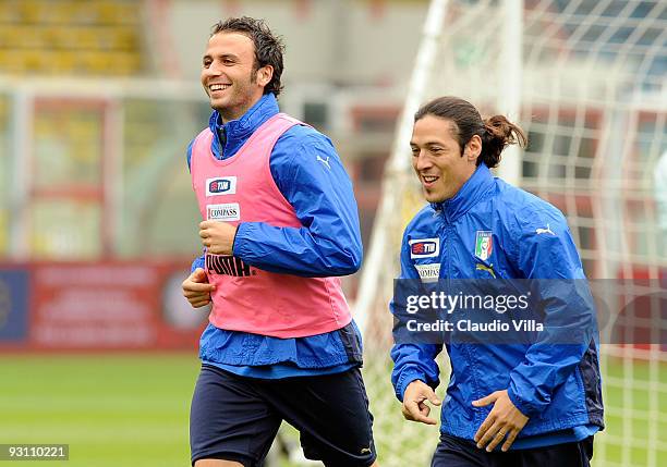 Giampaolo Pazzini and Mauro German Camoranesi of Italy during an Italy team training session at the Dino Manuzzi Stadium on November 17, 2009 in...