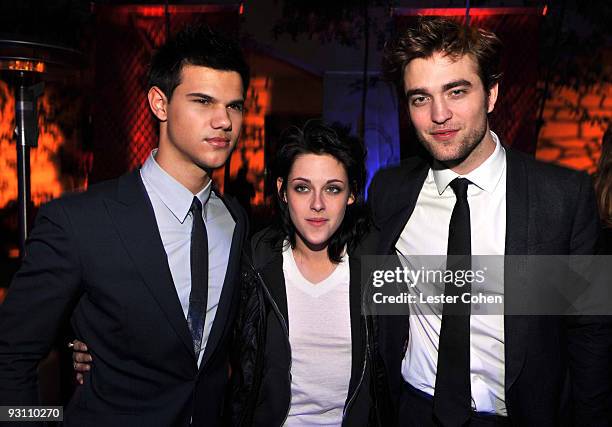 Taylor Lautner, Kristen Stewart and Robert Pattinson arrive at the after party for the premiere of Summit Entertainment's "The Twilight Saga: New...