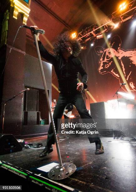 Cedric Bixler of the American post-hardcore band At The Drive In performs at O2 Academy Birmingham on March 12, 2018 in Birmingham, England.