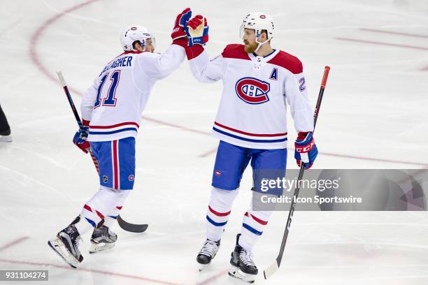 Montreal Canadiens right wing Brendan Gallagher celebrates after scoring a goal in the first period of a game between the Columbus Blue Jackets and...