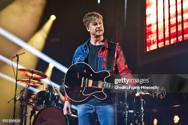 Singer Samu Haber of the Finnish band Sunrise Avenue performs live on stage during a concert at the Mercedes-Benz Arena on March 12, 2018 in Berlin,...