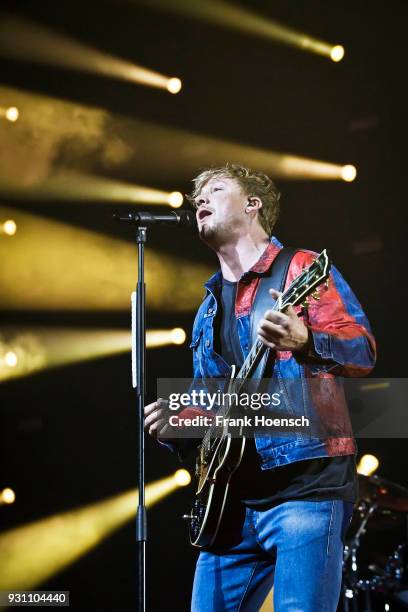 Singer Samu Haber of the Finnish band Sunrise Avenue performs live on stage during a concert at the Mercedes-Benz Arena on March 12, 2018 in Berlin,...