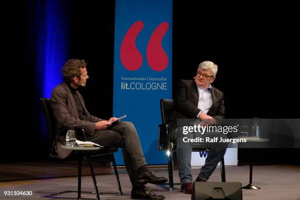 Joschka Fischer presents his new book "Der Abstieg des Westens" at the lit.cologne on March 12, 2018 in Cologne, Germany.