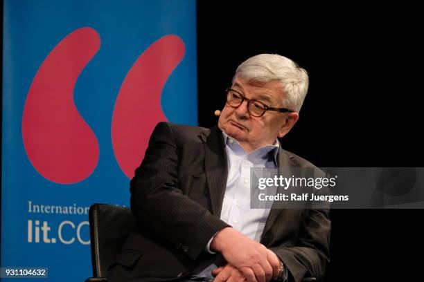 Joschka Fischer presents his new book "Der Abstieg des Westens" at the lit.cologne on March 12, 2018 in Cologne, Germany.