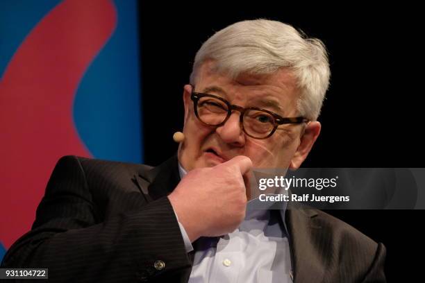 Joschka Fischer presents his new book "Der Abstieg des Westens" at the lit.cologne on March 12, 2018 in Cologne, Germany.