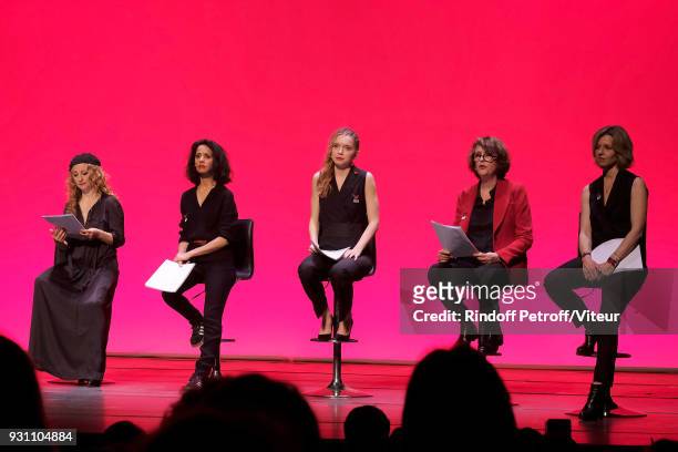Christelle Chollet, Sofia Aram, Eden Ducourant, Stephanie Bataille and Wendy Bouchard perform "Les Monologues du Vagin" during 'Paroles Citoyennes,...