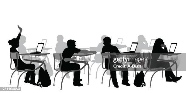 illustrazioni stock, clip art, cartoni animati e icone di tendenza di laptop delle scuole alte - girl sitting silhouette