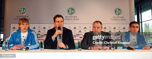 Stefan Kiessling, manager Oliver Bierhoff, press speaker Harald Stenger and Philipp Lahm attend a German National team press conference on November...