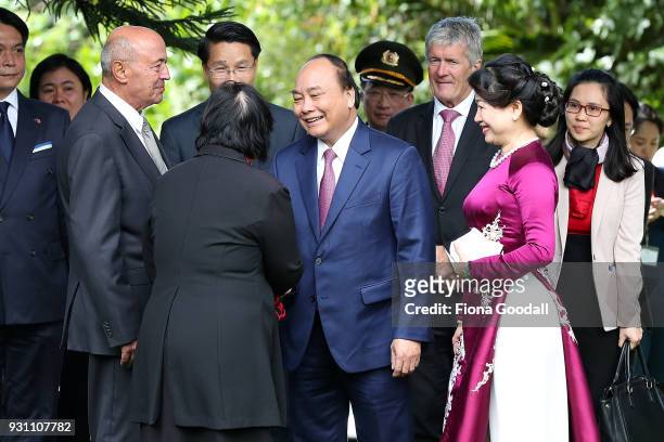Nguyen Xuan Phuc, Prime Minister of Vietnam and his wife Madame Tran Thi Nguyet Thu are welcomes at Government House on March 13, 2018 in Auckland,...