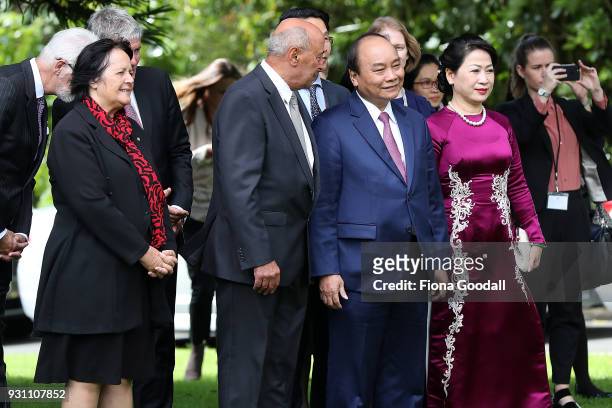Nguyen Xuan Phuc, Prime Minister of Vietnam and his wife Madame Tran Thi Nguyet Thu are welcomes at Government House on March 13, 2018 in Auckland,...