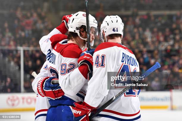 Jonathan Drouin of the Montreal Canadiens celebrates his second period goal with his teammates during a game against the Columbus Blue Jackets on...