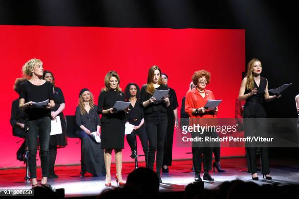 Juliette Arnaud, Christelle Chollet, Nicole Calfan, Sophia Aram, Alison Wheeler, Andrea Ferreol and Eden Ducourant perform in "Les Monologues du...