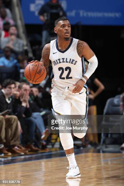 Xavier Rathan-Mayes of the Memphis Grizzlies handles the ball against the Milwaukee Bucks on March 12, 2018 at FedExForum in Memphis, Tennessee. NOTE...