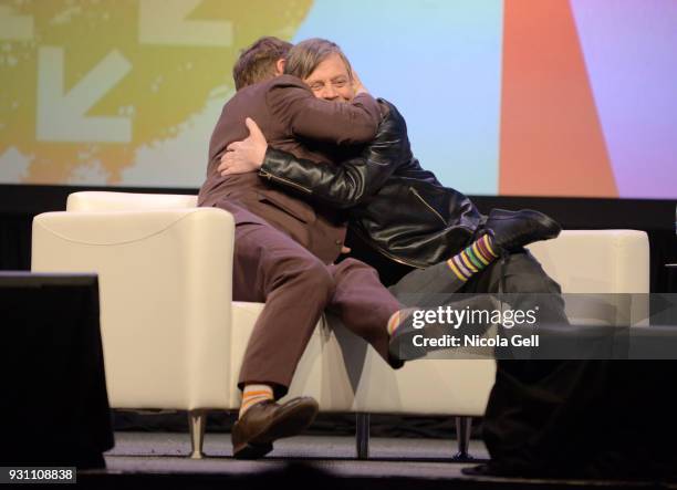 Director Rian Johnson and Mark Hamill speak onstage at the Journey to Star Wars panel during SXSW at Austin Convention Center on March 12, 2018 in...