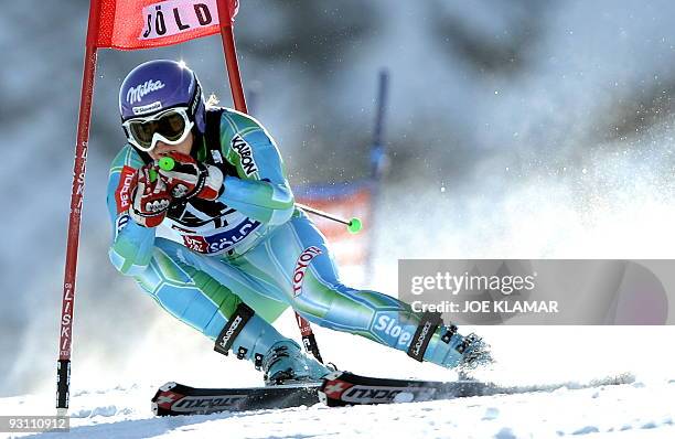 Slovenia's Tina Maze competes in the women's giant slalom during the alpine skiing FIS World cup at Rettenbach glacier in Soelden on October 24,...