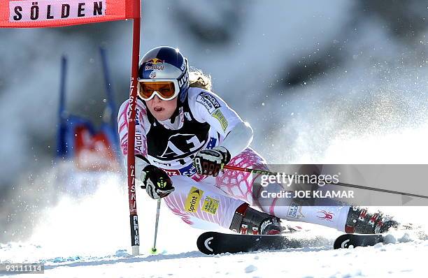 Lindsey Vonn of US competes in the women's giant slalom during Alpine skiing FIS World cup at Rettenbach glacier in Soelden on October 24,...