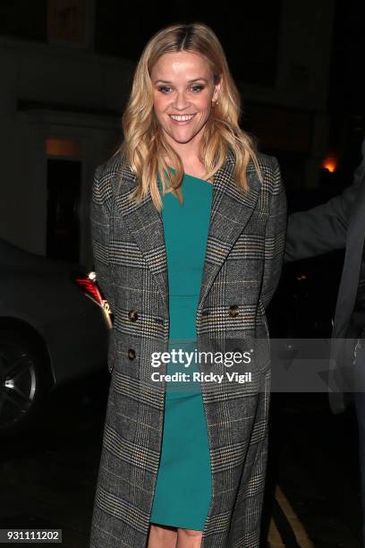 Reese Witherspoon seen on a night out at Chiltern Firehouse after appearing on The One Show on March 12, 2018 in London, England.