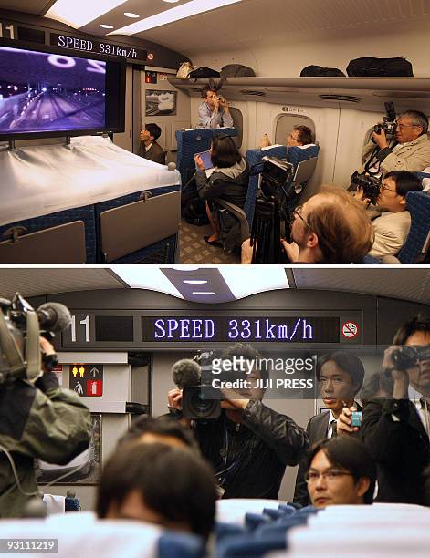 This combo of pictures taken on November 16, 2009 shows a Central Japan Railway's N700 bullet train marking a speed of over 330 kph during a...