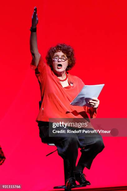 Actress Andrea Ferreol performs in "Les Monologues du Vagin - The Vagina Monologues" during "Paroles Citoyennes, 10 shows to wonder about the...