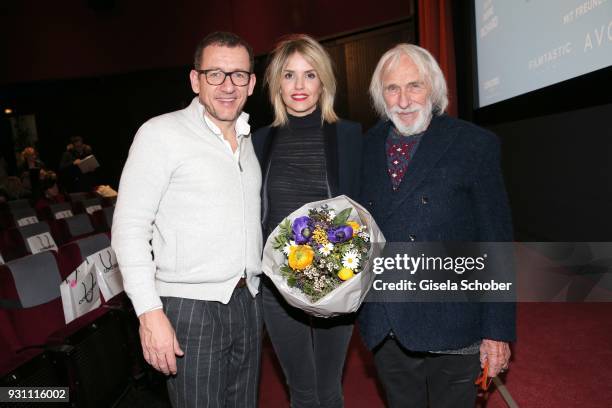 Danny Boon, Laurence Arne and Pierre Richard during the 'Die Sch'tis in Paris' premiere at City Kino on March 12, 2018 in Munich, Germany.