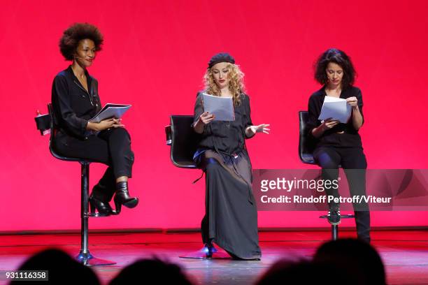 Rachel Khan, Christelle Chollet and Sophia Aram perform in "Les Monologues du Vagin - The Vagina Monologues" during "Paroles Citoyennes, 10 shows to...