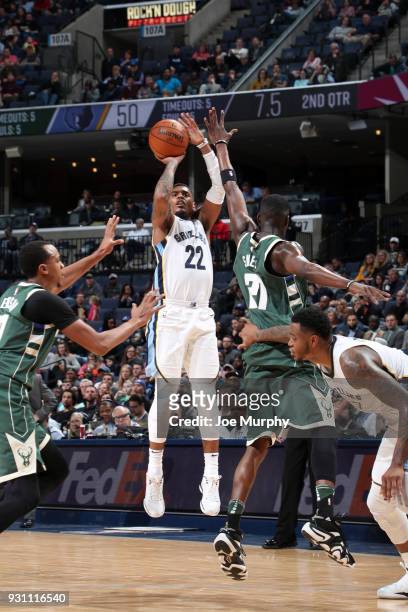 Xavier Rathan-Mayes of the Memphis Grizzlies shoots the ball against the Milwaukee Bucks on March 12, 2018 at FedExForum in Memphis, Tennessee. NOTE...