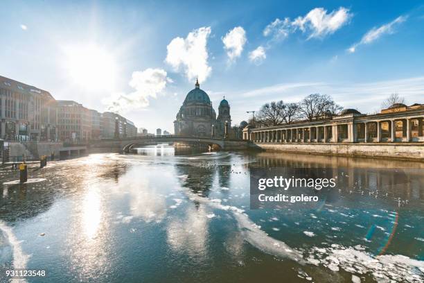 ice on river with berlin cathedral - river spree stock pictures, royalty-free photos & images