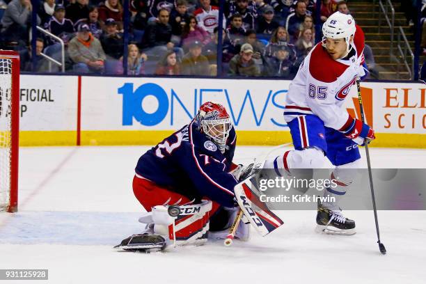 Sergei Bobrovsky of the Columbus Blue Jackets stops a shot from Andrew Shaw of the Montreal Canadiens during the third period on March 12, 2018 at...