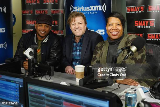 Actor Sean Bean visits 'Sway in the Morning' with Sway Calloway on Eminem's Shade 45 at the SiriusXM Studios on March 12, 2018 in New York City.