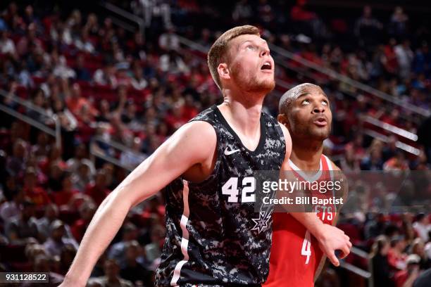 Davis Bertans of the San Antonio Spurs boxes out against the Houston Rockets on March 12, 2018 at the Toyota Center in Houston, Texas. NOTE TO USER:...
