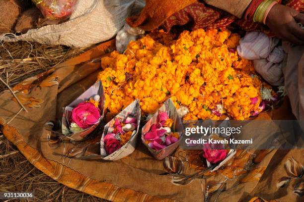 Flowers laid in a small paper boat are on display for sale in Sangam during Magh Mela Festival on January 27, 2018 in Allahabad, India. Sangam is the...