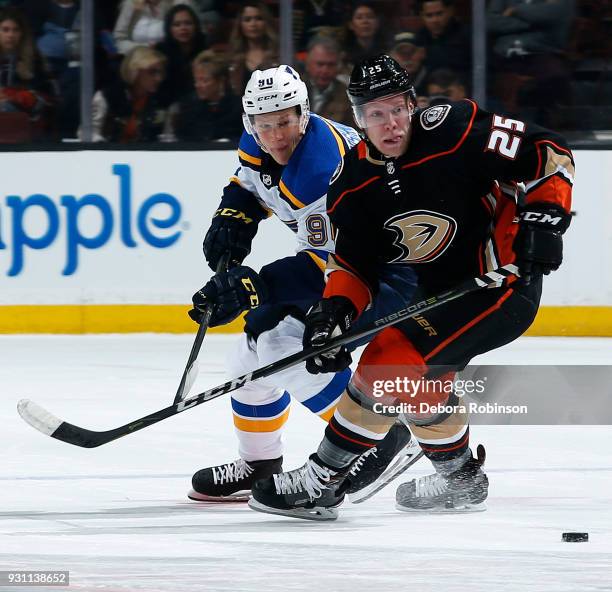 Ondrej Kase of the Anaheim Ducks battles for the puck against Nikita Soshnikov of the St. Louis Blues during the game on March 12, 2018 at Honda...