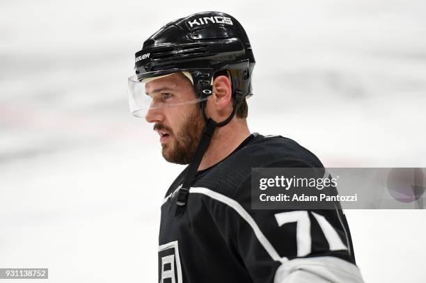 Torrey Mitchell of the Los Angeles Kings looks on before a game against the Vancouver Canucks at STAPLES Center on March 12, 2018 in Los Angeles,...