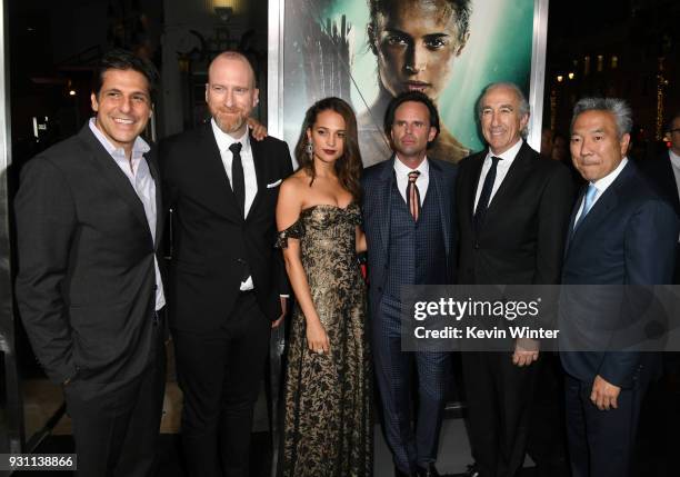 President of Metro-Goldwyn-Mayer Jonathan Glickman, Roar Uthaug, Alicia Vikander, Walton Goggins, Gary Barber and Kevin Tsujihara attend the premiere...