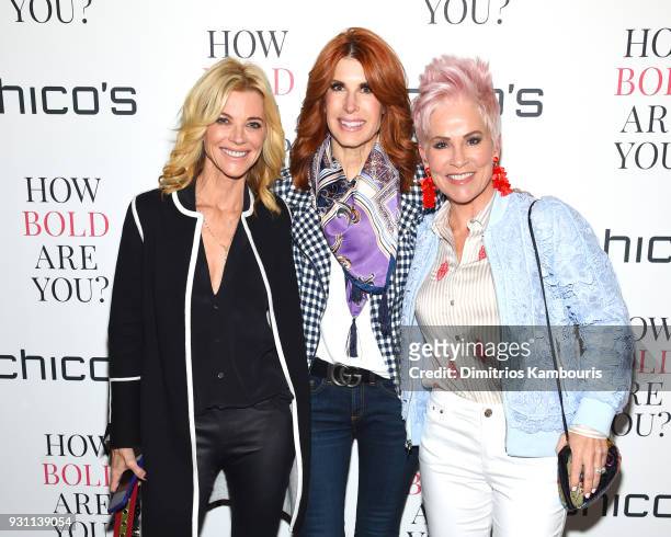 Bloggers Janet Gunn, Cathy Williamson, and Shauna Robertson attend Chico's #HowBoldAreYou NYC Event at Joe's Pub on March 12, 2018 in New York City.