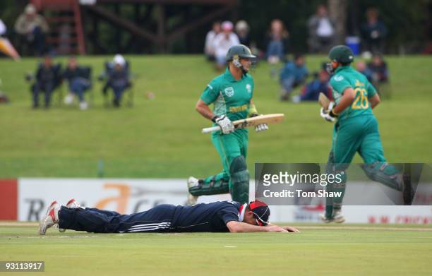 Andrew Strauss of England dives and misses a ball as South Africa add to the runs during the One Day Tour Match between South Africa A and England at...