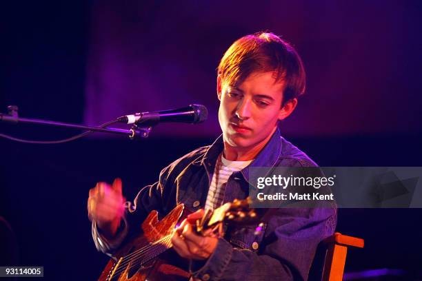 Jack Steadman of Bombay Bicycle Club performs on stage as part of Mencap's Little Voice Sessions at the Union Chapel on November 16, 2009 in London,...