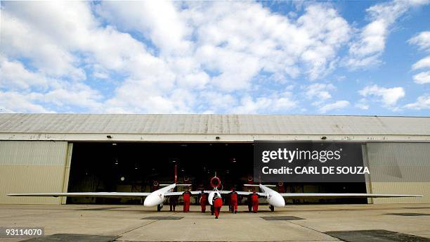 The Virgin Atlantic Global flyer aircraft is wheeled out of a hangar in Salina, Kansas 28 February 2005. The Global Flyer is expected to takeoff,...