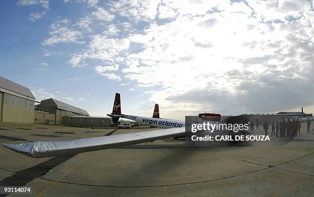 The Virgin Atlantic Global flyer aircraft is wheeled out of a hangar in Salina, Kansas 28 February 2005. The Global Flyer is expected to takeoff,...